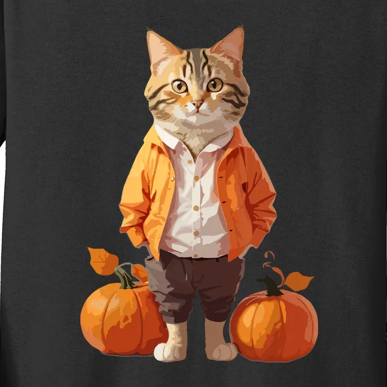 Black Cat Retro Halloween Pumpkin Costume Gift Kids Long Sleeve Shirt