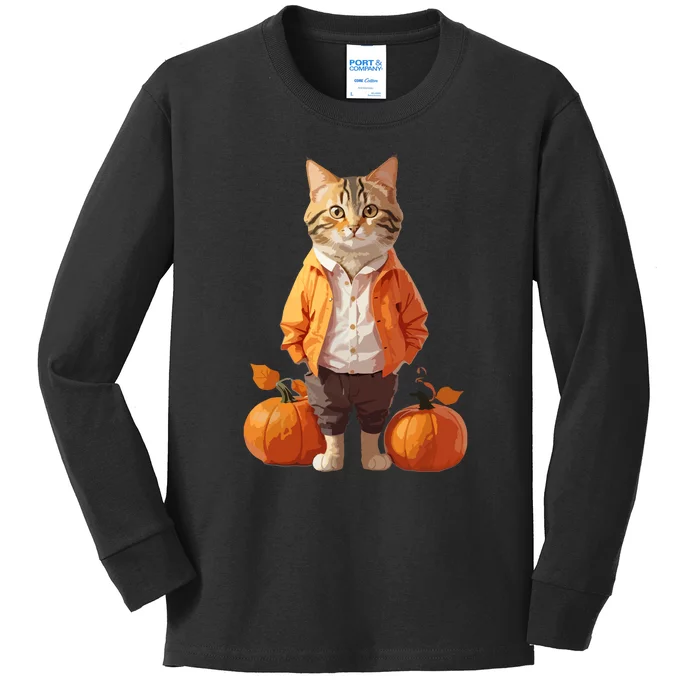 Black Cat Retro Halloween Pumpkin Costume Gift Kids Long Sleeve Shirt