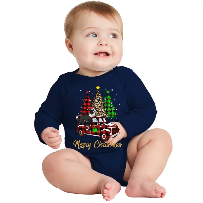 Border Collie Riding Red Truck Xmas Merry Christmas Gift Baby Long Sleeve Bodysuit