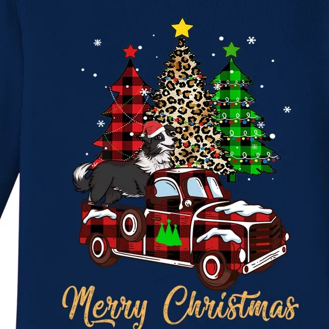 Border Collie Riding Red Truck Xmas Merry Christmas Gift Baby Long Sleeve Bodysuit