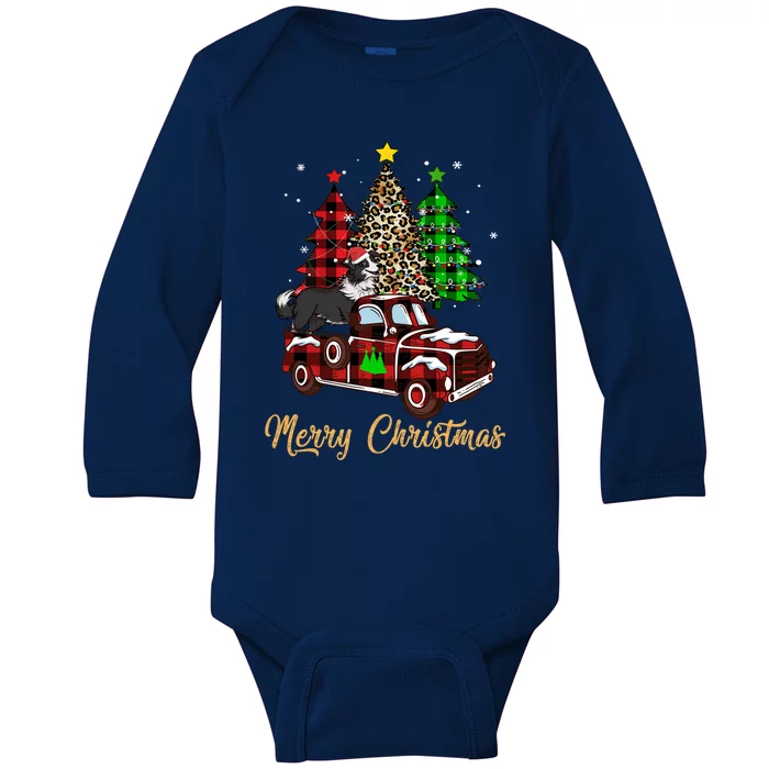 Border Collie Riding Red Truck Xmas Merry Christmas Gift Baby Long Sleeve Bodysuit