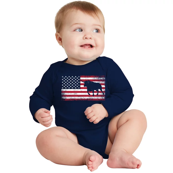 Bull Cow Rodeo Gift 4th Of July American Flag Usa American Gift Baby Long Sleeve Bodysuit