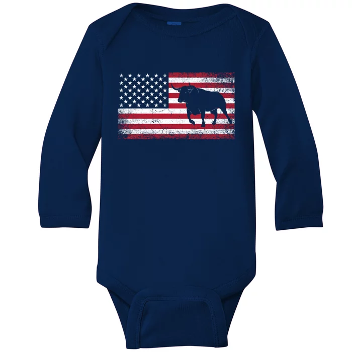 Bull Cow Rodeo Gift 4th Of July American Flag Usa American Gift Baby Long Sleeve Bodysuit