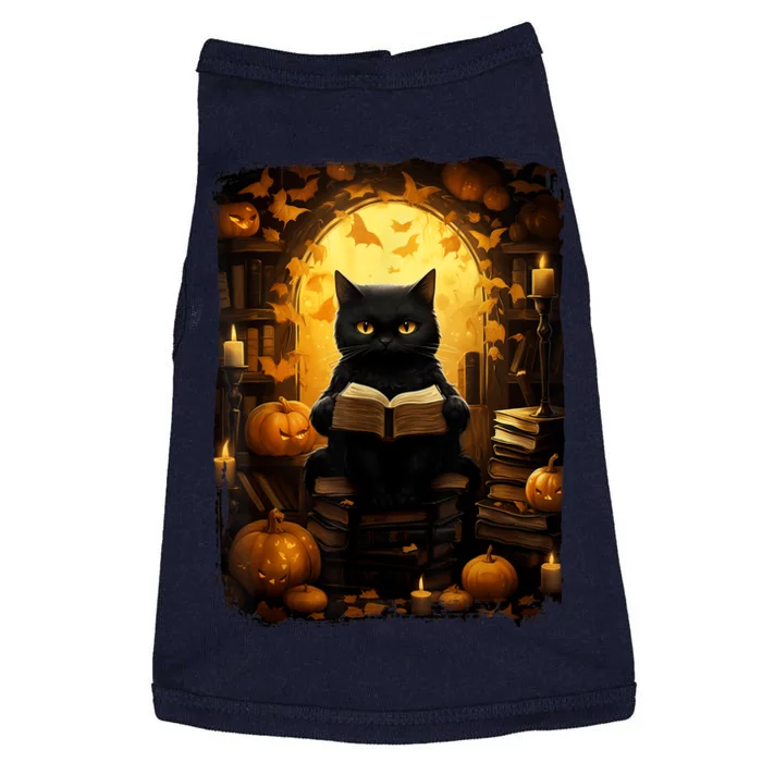 Black Cat Reading Books Pumpkin Autumn Teachers Halloween Doggie Tank