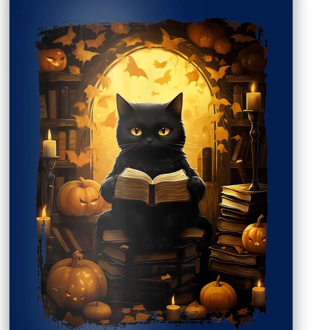 Black Cat Reading Books Pumpkin Autumn Teachers Halloween Poster