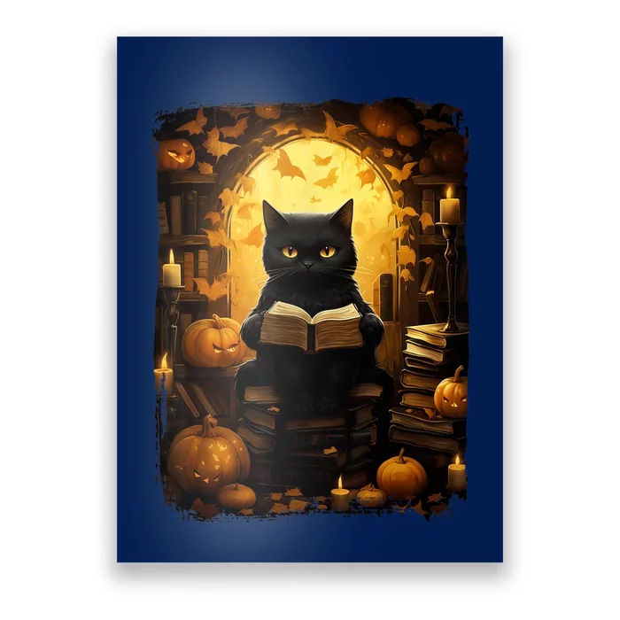 Black Cat Reading Books Pumpkin Autumn Teachers Halloween Poster