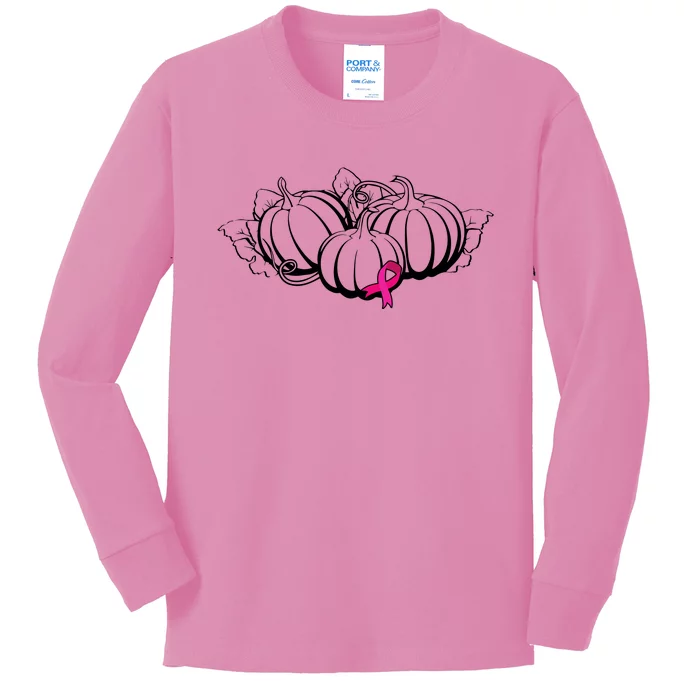 Breast Cancer Ribbon Pumpkin Fall Kids Long Sleeve Shirt