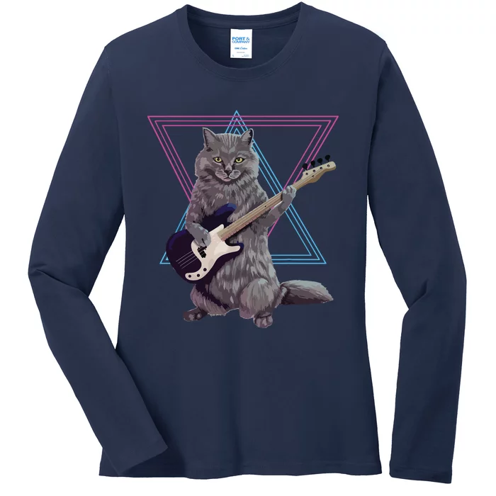 Bass Cat Rock Kitty On A Bass Guitar Ladies Long Sleeve Shirt