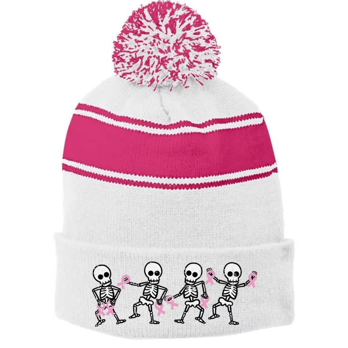 Breast Cancer Skeletons Dancing Awareness Stripe Pom Pom Beanie