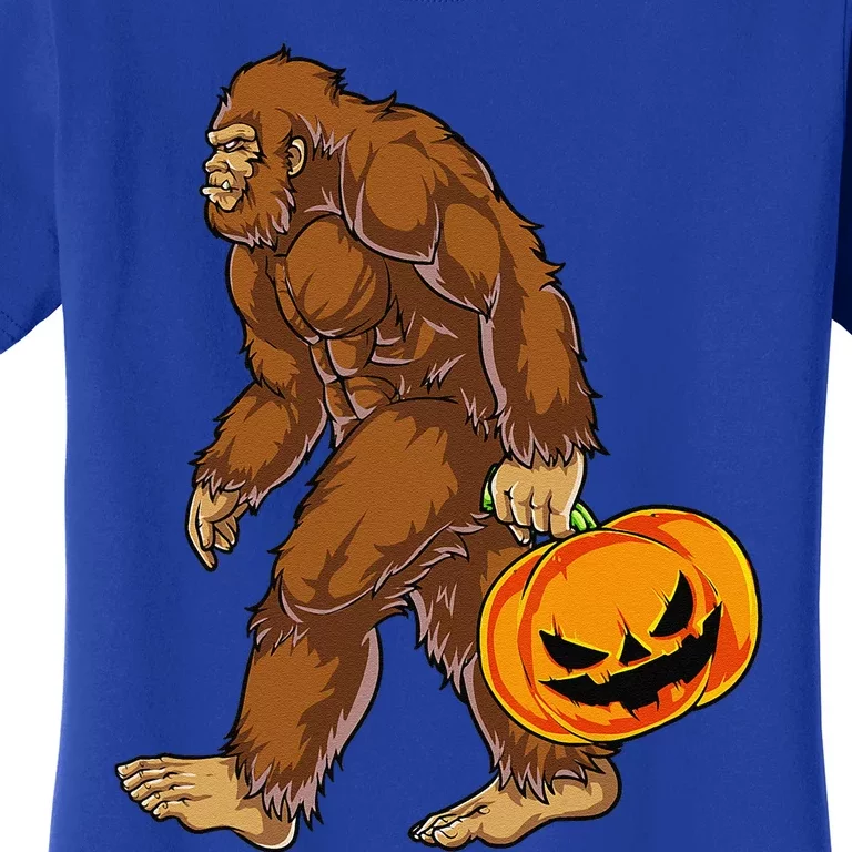 Bigfoot Carrying Scary Pumpkin Funny Sasquatch Halloween Women's T-Shirt