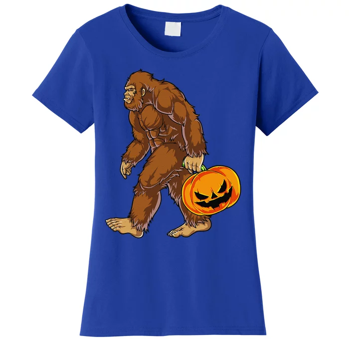 Bigfoot Carrying Scary Pumpkin Funny Sasquatch Halloween Women's T-Shirt