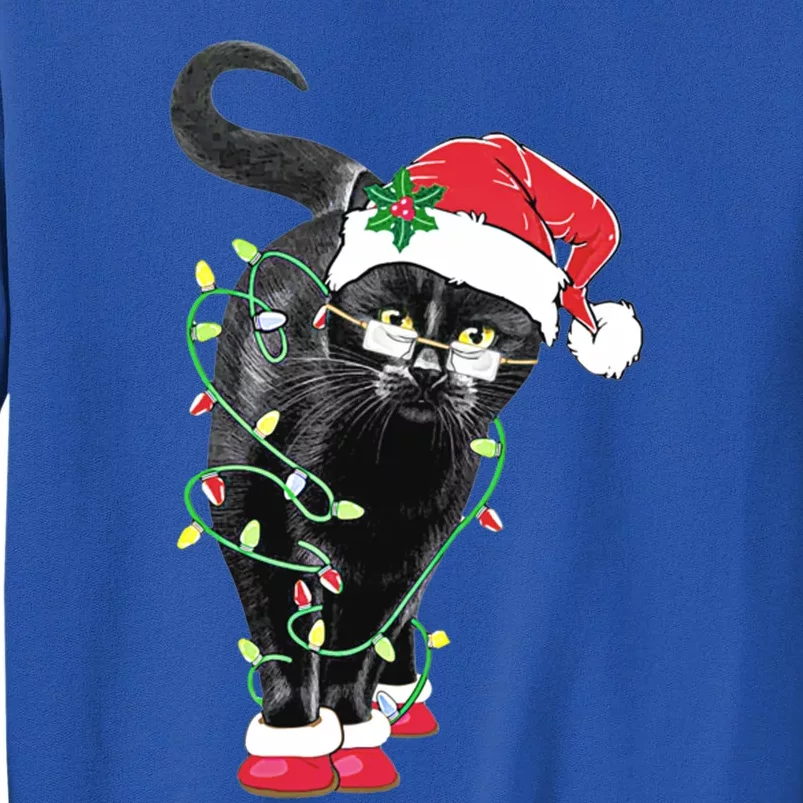 Black Cat Santa Tangled Up In Christmas Lights Gift Great Gift Tall Sweatshirt