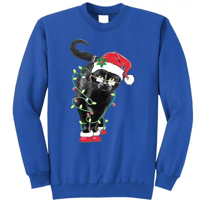 Black Cat Santa Tangled Up In Christmas Lights Gift Great Gift Tall Sweatshirt