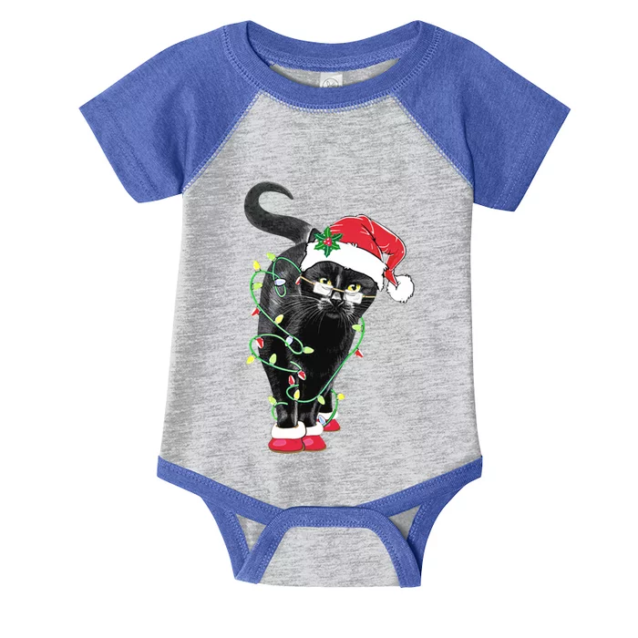 Black Cat Santa Tangled Up In Christmas Lights Gift Great Gift Infant Baby Jersey Bodysuit