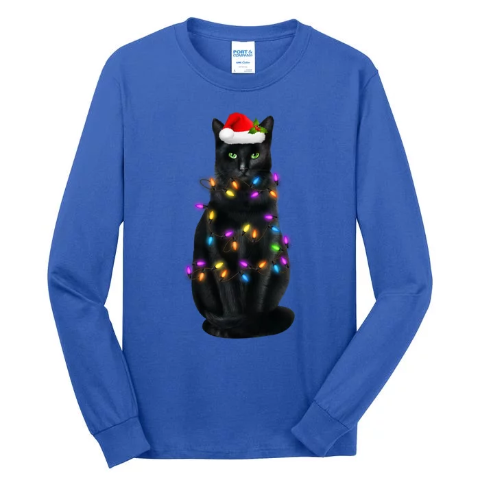 Black Cat Santa Hat Christmas Pajama Lights Cat Lover Xmas Gift Tall Long Sleeve T-Shirt