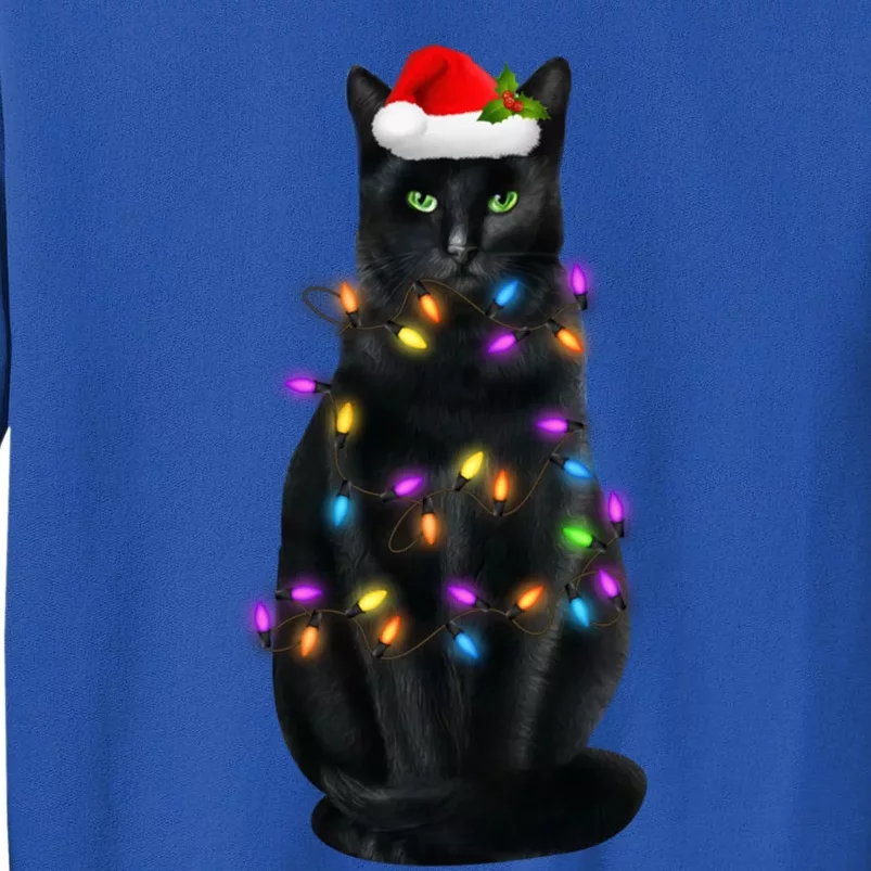 Black Cat Santa Hat Christmas Pajama Lights Cat Lover Xmas Gift Tall Sweatshirt