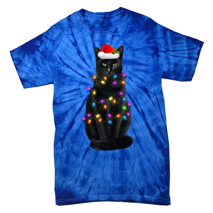 Black Cat Santa Hat Christmas Pajama Lights Cat Lover Xmas Gift Tie-Dye T-Shirt