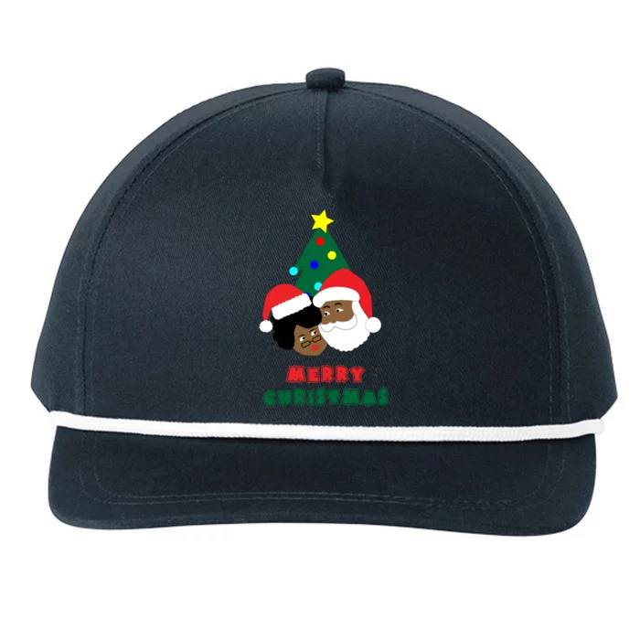 Black Couple Santa And Mrs Claus Merry Christmas Tree Gift Snapback Five-Panel Rope Hat