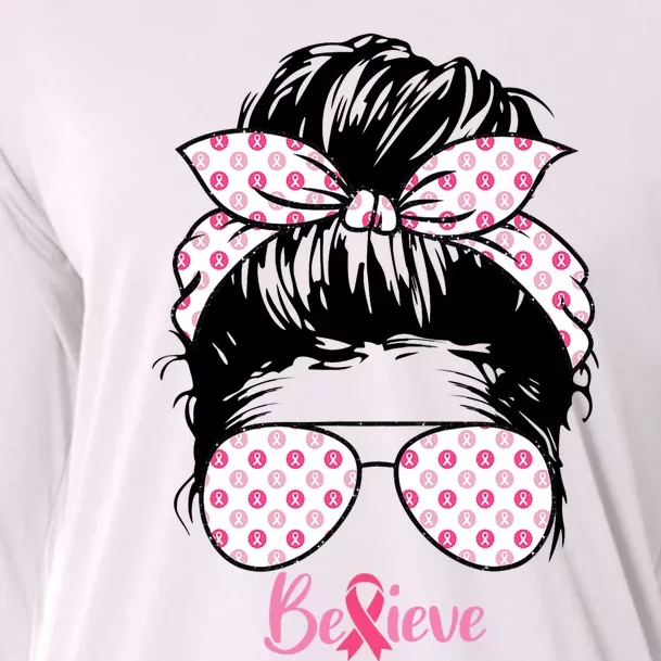 Breast Cancer Survivor Believe Messy Bun Warrior Pink Ribbon Cooling Performance Long Sleeve Crew