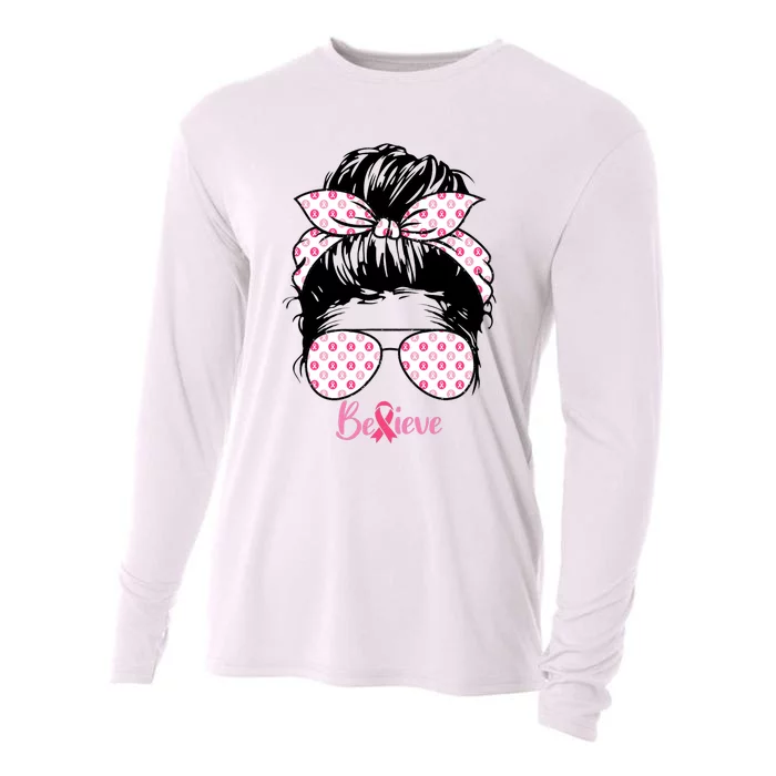 Breast Cancer Survivor Believe Messy Bun Warrior Pink Ribbon Cooling Performance Long Sleeve Crew