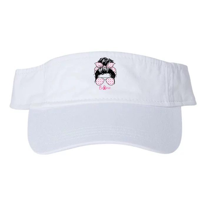 Breast Cancer Survivor Believe Messy Bun Warrior Pink Ribbon Valucap Bio-Washed Visor