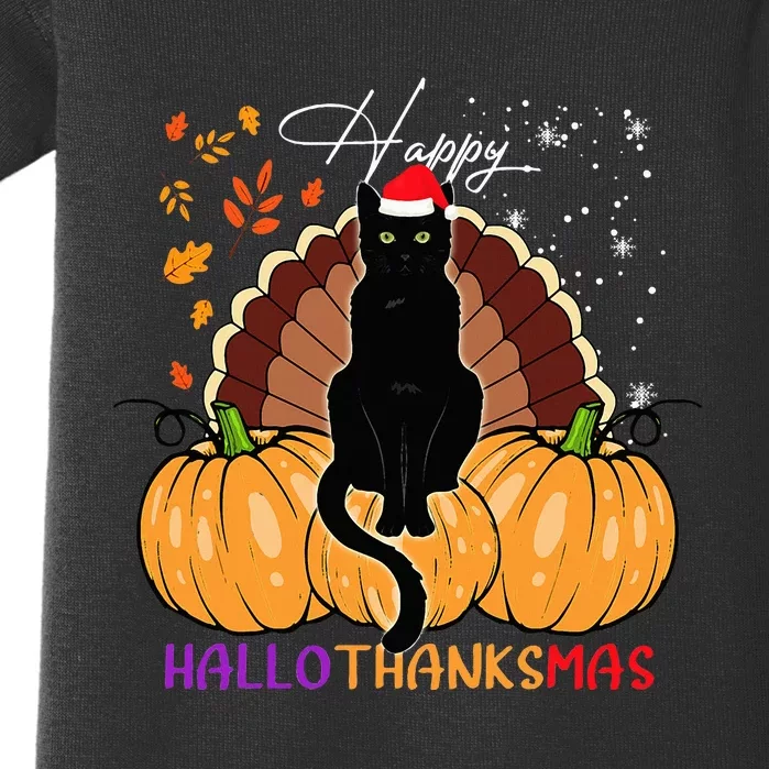 Black Cat Santa Hat Happy Hallothanksmas Pumpkin Season Baby Bodysuit