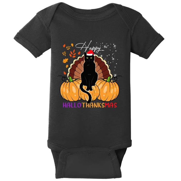 Black Cat Santa Hat Happy Hallothanksmas Pumpkin Season Baby Bodysuit