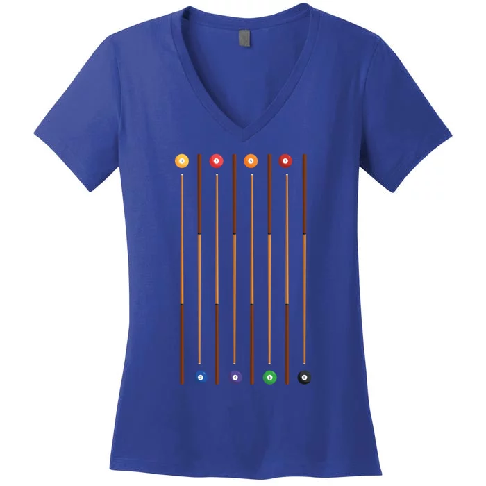 Biliard Cue Stick And 8 Pool Balls Awesome Game Cute Gift Women's V-Neck T-Shirt