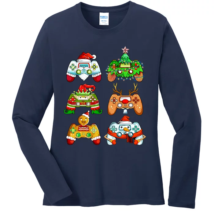 Boys Christmas Santa Elf Gaming Controllers Gamer Xmas Ladies Long Sleeve Shirt