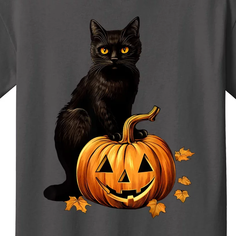 Black Cat Scary Halloween Pumpkin Costume Gift Kids T-Shirt