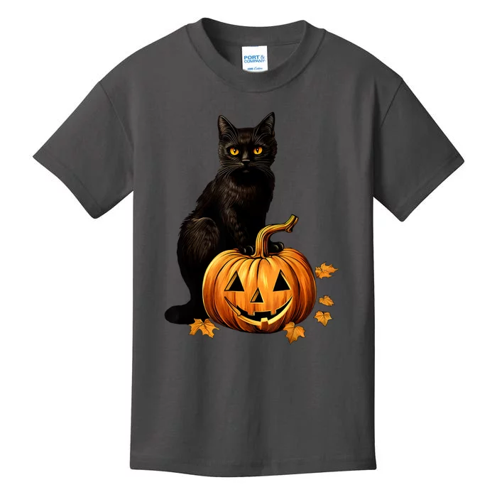 Black Cat Scary Halloween Pumpkin Costume Gift Kids T-Shirt