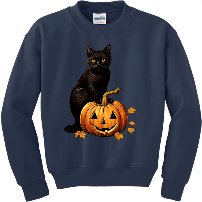 Black Cat Scary Halloween Pumpkin Costume Gift Kids Sweatshirt