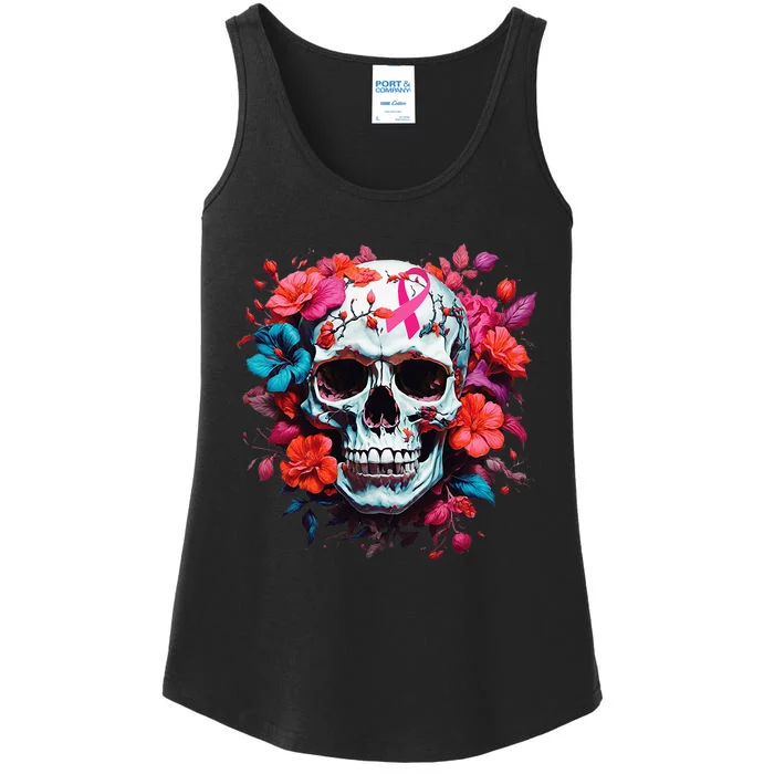 Breast Cancer Skull For Women Sugar Skull Pink Ribbon Ladies Essential Tank