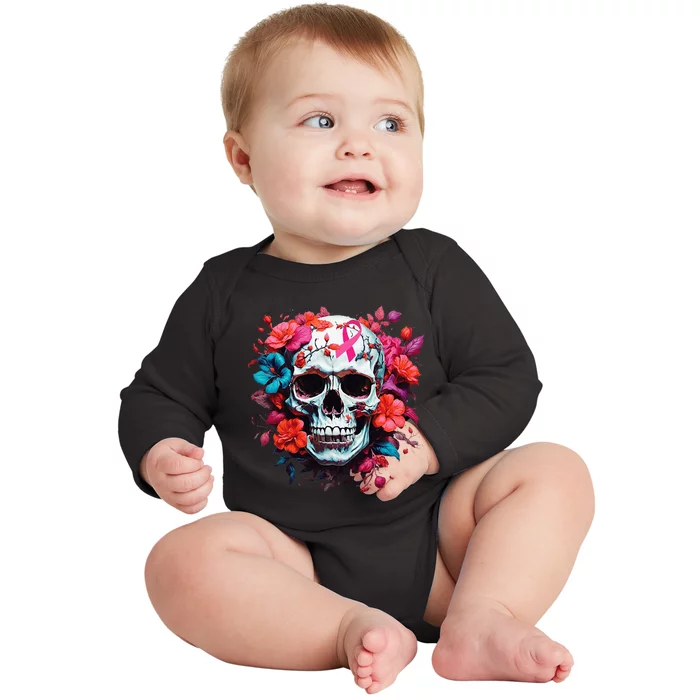 Breast Cancer Skull For Women Sugar Skull Pink Ribbon Baby Long Sleeve Bodysuit