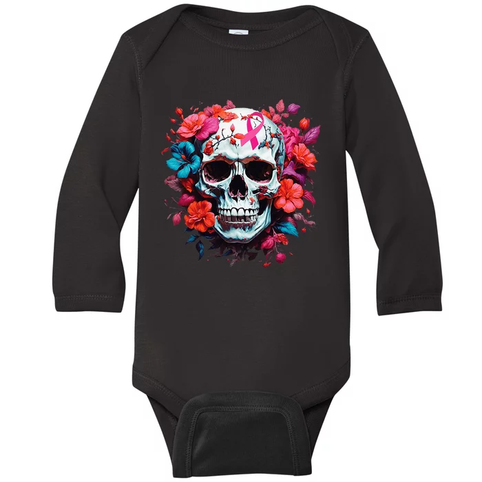 Breast Cancer Skull For Women Sugar Skull Pink Ribbon Baby Long Sleeve Bodysuit