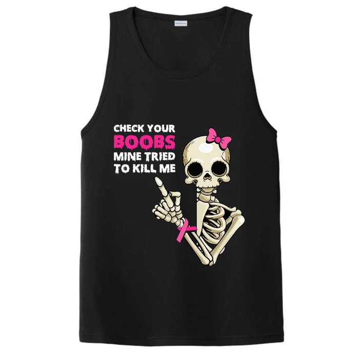 Breast Cancer Skeleton Halloween Check Your Boobies Performance Tank