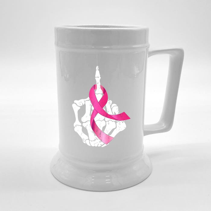 Breast Cancer Skeleton Hand Fuck Pink Funny Awareness Front & Back Beer Stein