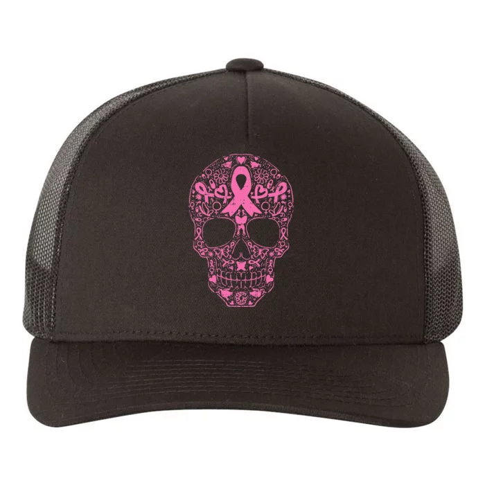 Breast Cancer Sugar Skull Pink Ribbon Calavera Yupoong Adult 5-Panel Trucker Hat