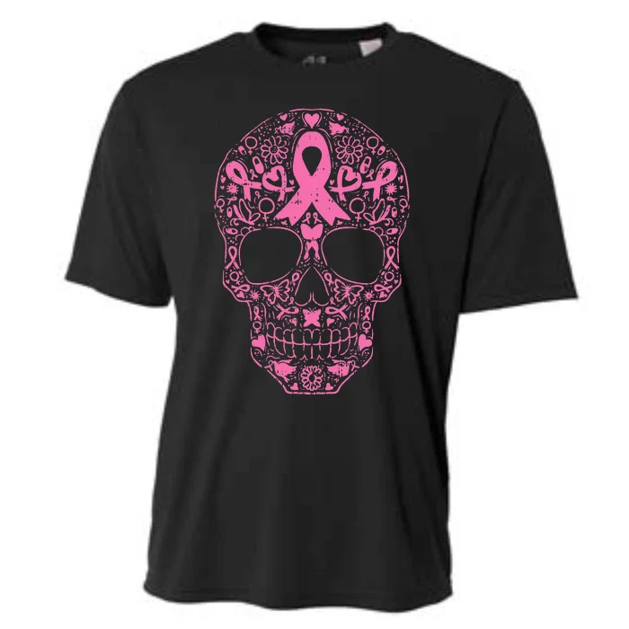 Breast Cancer Sugar Skull Pink Ribbon Calavera Cooling Performance Crew T-Shirt