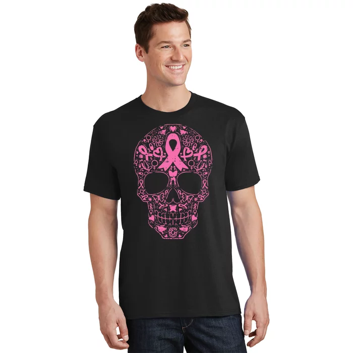 Breast Cancer Sugar Skull Pink Ribbon Calavera T-Shirt