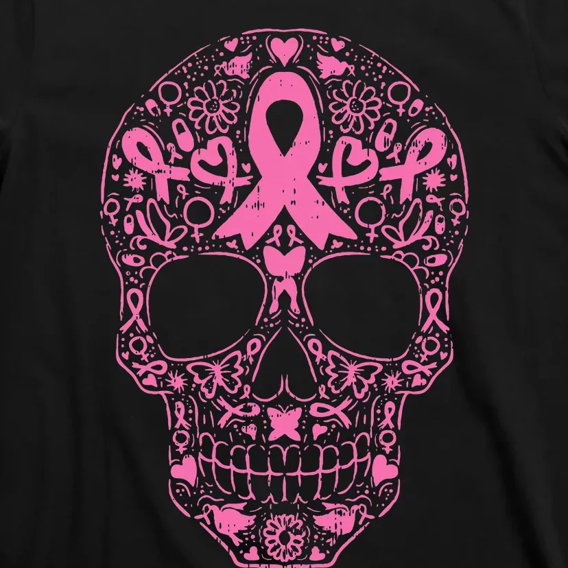 Breast Cancer Sugar Skull Pink Ribbon Calavera T-Shirt