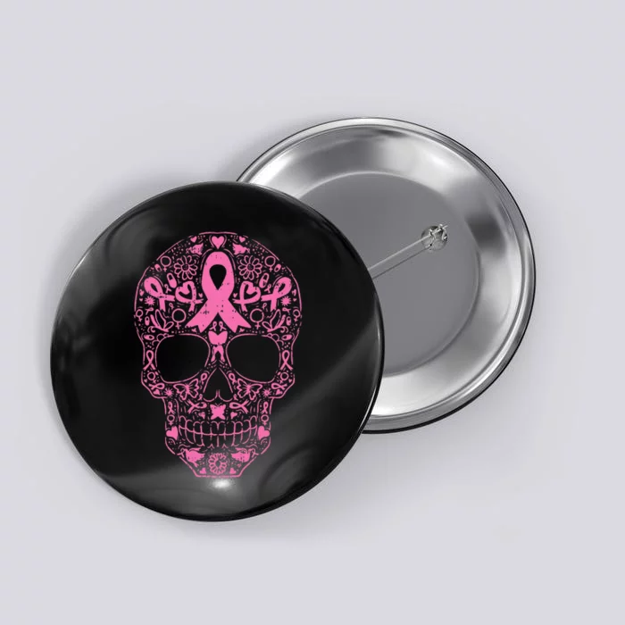 Breast Cancer Sugar Skull Pink Ribbon Calavera Button