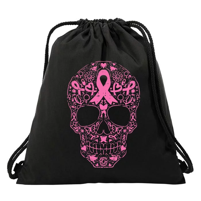 Breast Cancer Sugar Skull Pink Ribbon Calavera Drawstring Bag