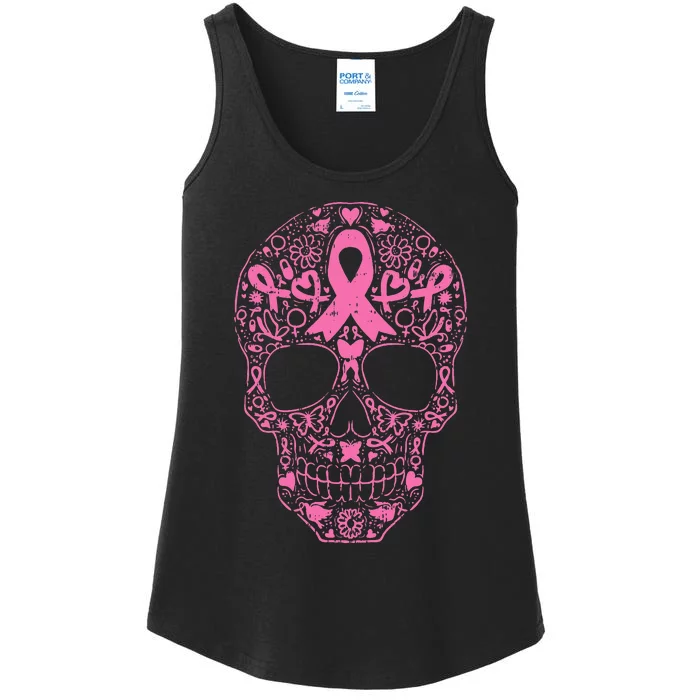 Breast Cancer Sugar Skull Pink Ribbon Calavera Ladies Essential Tank