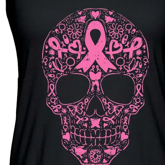 Breast Cancer Sugar Skull Pink Ribbon Calavera Ladies Essential Flowy Tank