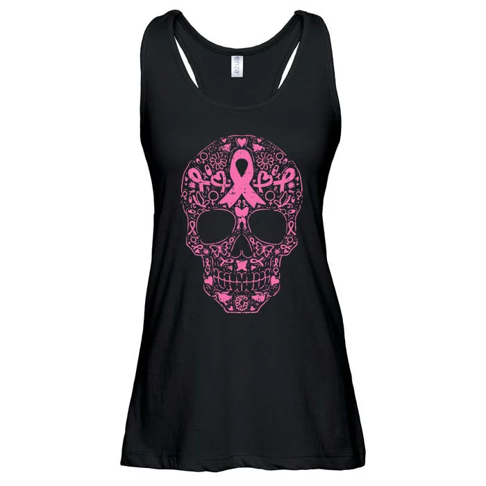 Breast Cancer Sugar Skull Pink Ribbon Calavera Ladies Essential Flowy Tank