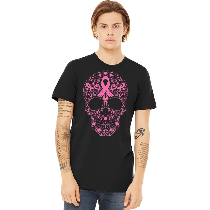 Breast Cancer Sugar Skull Pink Ribbon Calavera Premium T-Shirt