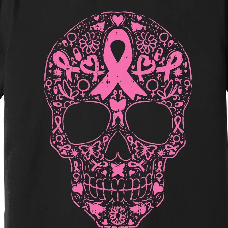 Breast Cancer Sugar Skull Pink Ribbon Calavera Premium T-Shirt