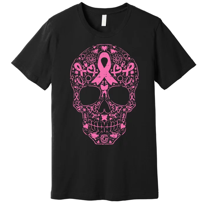 Breast Cancer Sugar Skull Pink Ribbon Calavera Premium T-Shirt