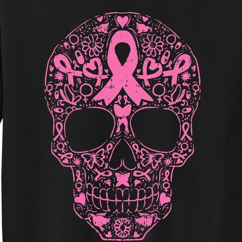 Breast Cancer Sugar Skull Pink Ribbon Calavera Tall Sweatshirt